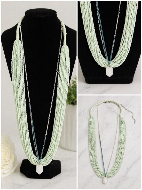 Vintage Jewelry - Vintage Multi-Strand Mint Beaded Necklace & silver tone White Stone Necklace